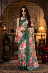 women in Rama Green Tussar Silk Saree with Floral Print with Embroidery