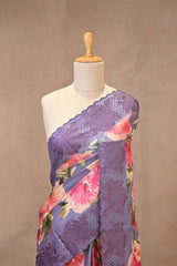 Lilac Tussar Silk Saree with Floral Print and Embroidery