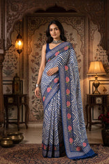 Blue and White Tussar Silk Saree with Floral Embroidery