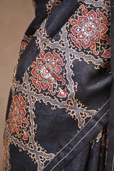 Black Ajrakh Printed Tussar Silk Saree with Aari Embellishment