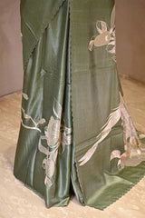 Matte Green Tussar Silk Saree with Applique Floral Work