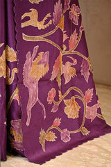 Deep Purple Tussar Silk Saree with Shikargah Applique Work