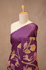Deep Purple Tussar Silk Saree with Shikargah Applique Work