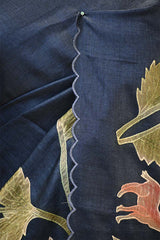 Blue Tussar Silk Saree with Shikargah Applique Work