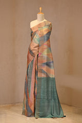 Blue Tussar Silk Saree with Kantha Hand Embroidery