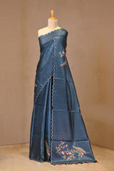 Peacock Blue Tussar Silk Saree with Applique Work