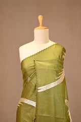 Henna Green Tussar Silk Saree with Floral Applique Pallu