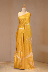 Yellow Tussar Silk Saree with Floral Applique Pallu