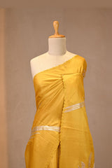 Yellow Tussar Silk Saree with Floral Applique Pallu