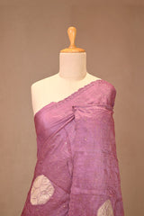 Lavender Tussar Silk Saree with Applique Work and Zari Border