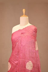 Rose Pink Tussar Silk Saree with Applique Work and Zari Border