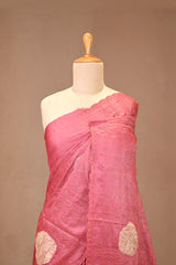 Rose Pink Tussar Silk Saree with Applique Work and Zari Border