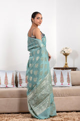 Blue Crushed Tissue Silk Saree with Watergold Zari Floral Buta