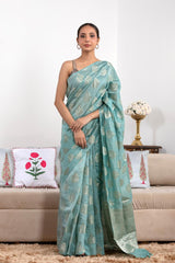 Blue Crushed Tissue Silk Saree with Watergold Zari Floral Buta