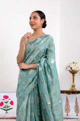 Blue Crushed Tissue Silk Saree with Watergold Zari Floral Buta