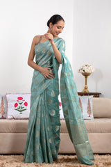 Blue Crushed Tissue Silk Saree with Watergold Zari Floral Buta