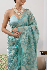 Sky Blue Banarasi Tissue Silk Saree with Applique & Floral Embroidery