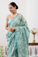 Sky Blue Banarasi Tissue Silk Saree with Applique & Floral Embroidery
