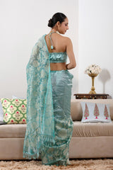 Sky Blue Banarasi Tissue Silk Saree with Applique & Floral Embroidery