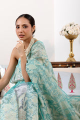 Sky Blue Banarasi Tissue Silk Saree with Applique & Floral Embroidery