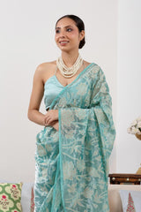 Sky Blue Banarasi Tissue Silk Saree with Applique & Floral Embroidery