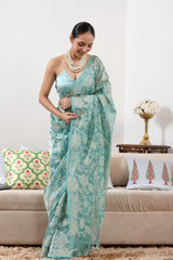 Sky Blue Banarasi Tissue Silk Saree with Applique & Floral Embroidery