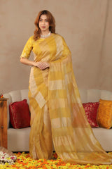 Yellow Organza Silk Saree with Crushed Tissue Zari Stripes