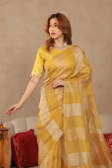 Yellow Organza Silk Saree with Crushed Tissue Zari Stripes