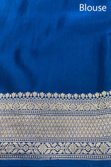 German Blue Handloom Satin Silk Banarasi Saree
