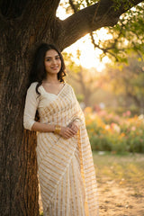 White Banarasi Cotton Silk Saree with Gold Zari Vertical Stripes