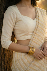 White Banarasi Cotton Silk Saree with Gold Zari Vertical Stripes