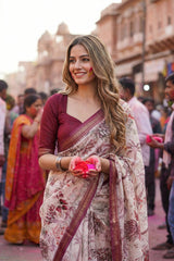 White & Purple Floral Embroidered Chanderi Silk Saree