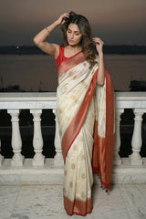 White Semi Silk Banarsi Saree With Gold Zari Woven