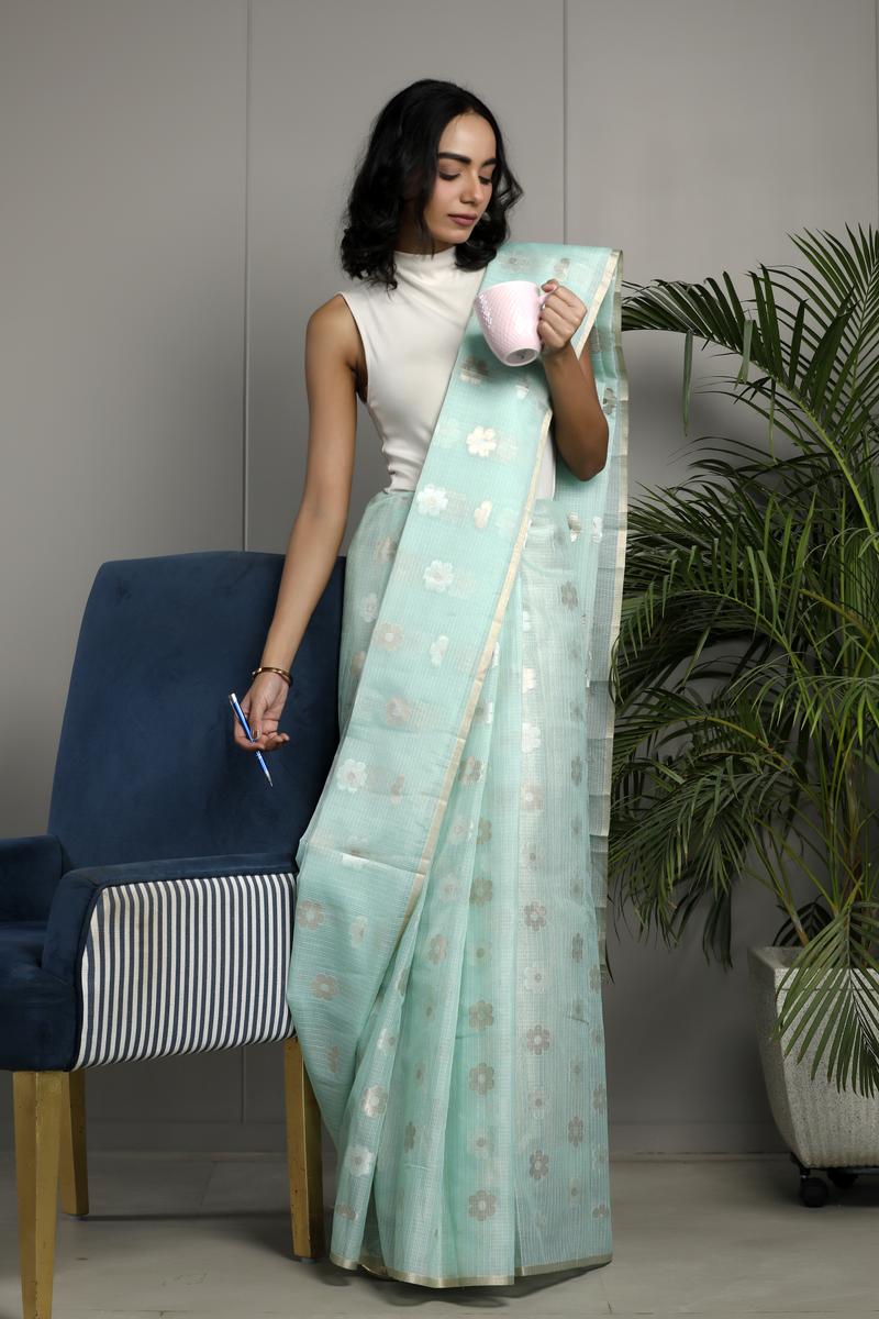 Powder Blue Kota Cotton Saree With Sona Rupa Floral Motifs