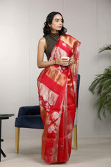 Banarasi Tissue Silk Saree, Red saree, Tissue silk saree, office wear saree, formal wear, corporate saree,