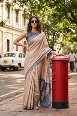 Classic Beige Semi-Tussar Saree with Floral Embroidery