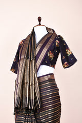 Ratnika Vyas In Dark Purple Striped Handwoven Chiniya Silk Saree - Chinaya Banaras