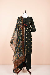 Bottle Green Handwoven Chanderi Silk Suit Set By Chinaya Banaras
