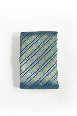 Cobalt Blue Striped Woven Banarasi Silk Fabric - Chinaya Banaras