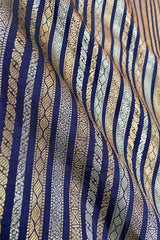 Navy Blue Striped Woven Banarasi Silk Fabric, banarasi fabric, silk fabric, brocade fabric, handloom fabric, indian fabric