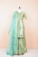 Turquoise Blue Handwoven Banarasi Silk Suit Set By Chinaya Banaras