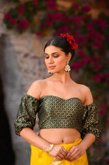 Dark Green Handwoven Off Shoulder Banarasi Silk Blouse - Chinaya Banaras