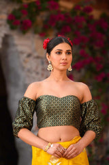 Dark Green Handwoven Off Shoulder Banarasi Silk Blouse - Chinaya Banaras