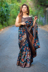 Blue saree, chanderi saree, chanderi silk saree, chanderi print