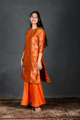 Vivid Orange Woven Chanderi Silk Kurta Set - Chinaya Banaras