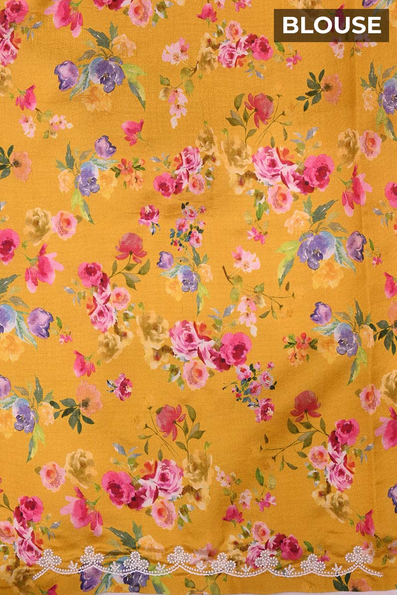 Mustard Yellow Organza Silk Party Wear Saree with Floral Prints