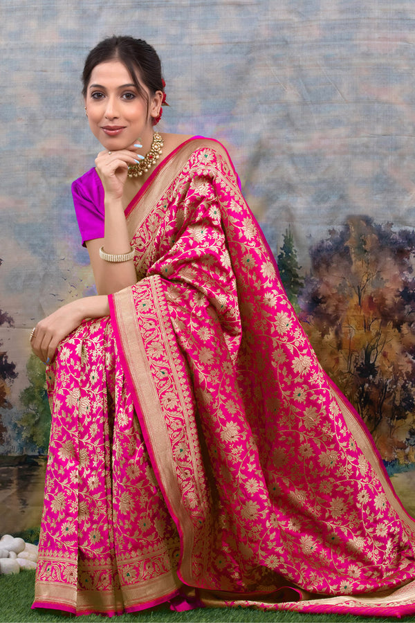 Women In Pink Handwoven Meenadar Banarasi Katan Silk Saree By Chinaya Banaras