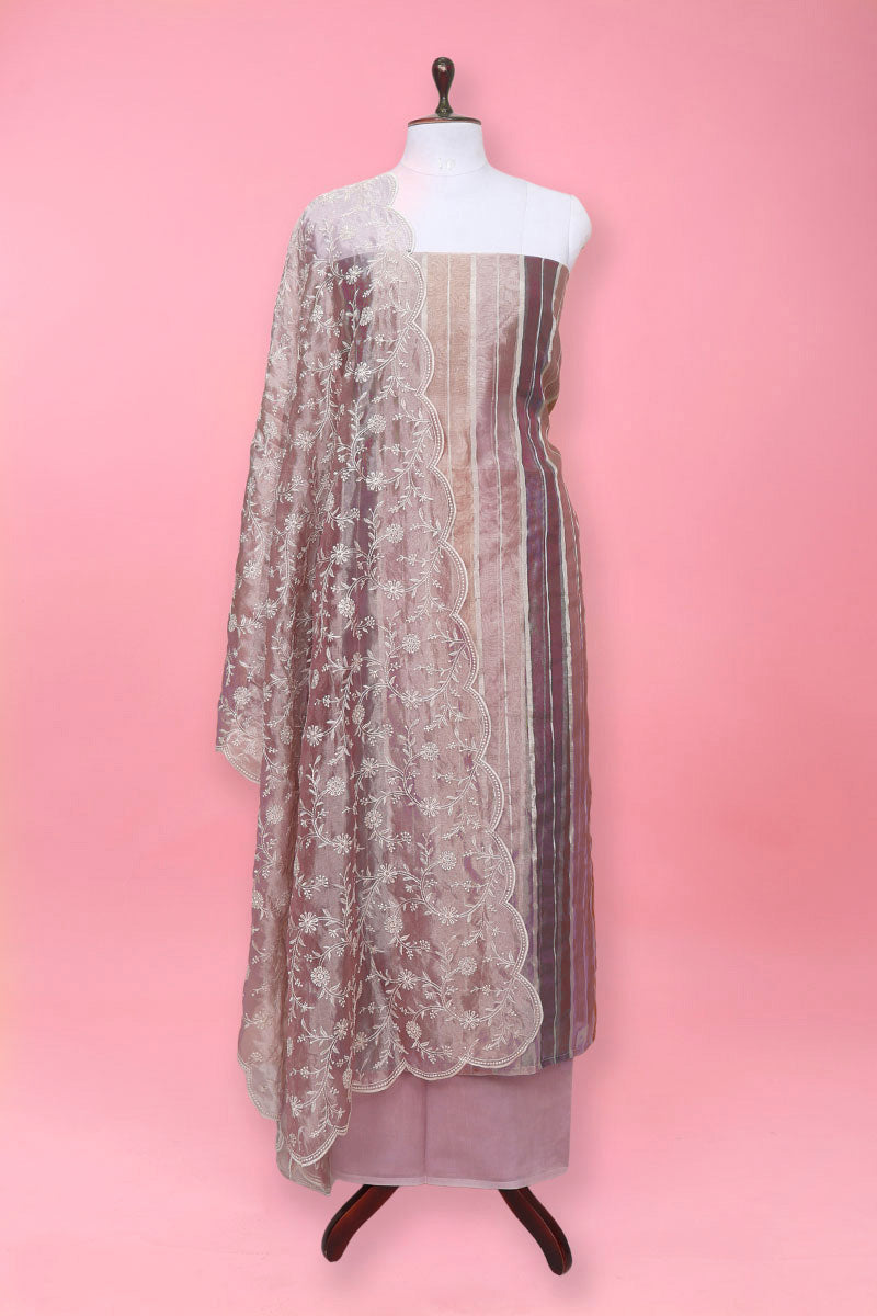Pink Rangkat Woven Tissue Silk Dress Material By Chinaya Banaras