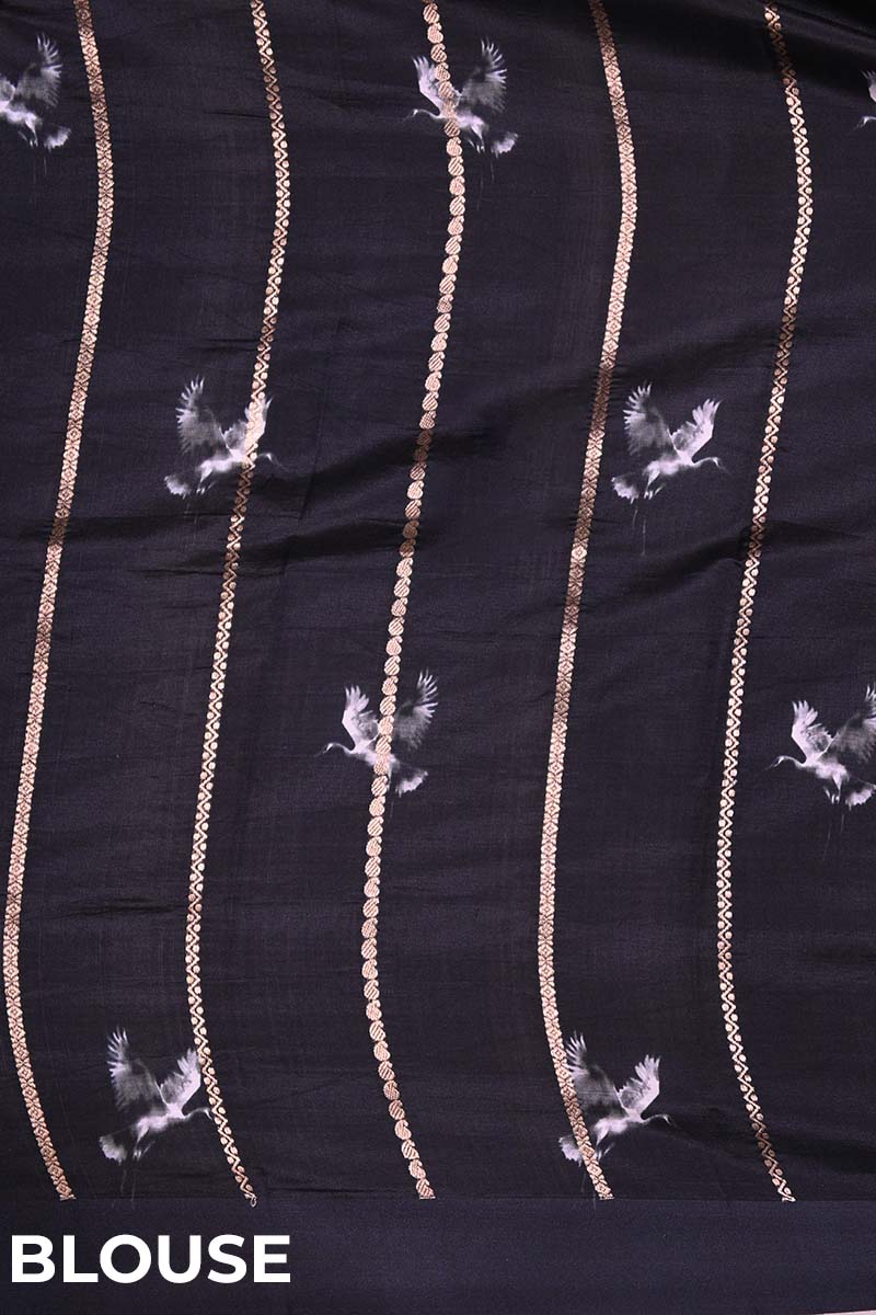Black Banarasi Silk Saree with Blue Digital Stripes