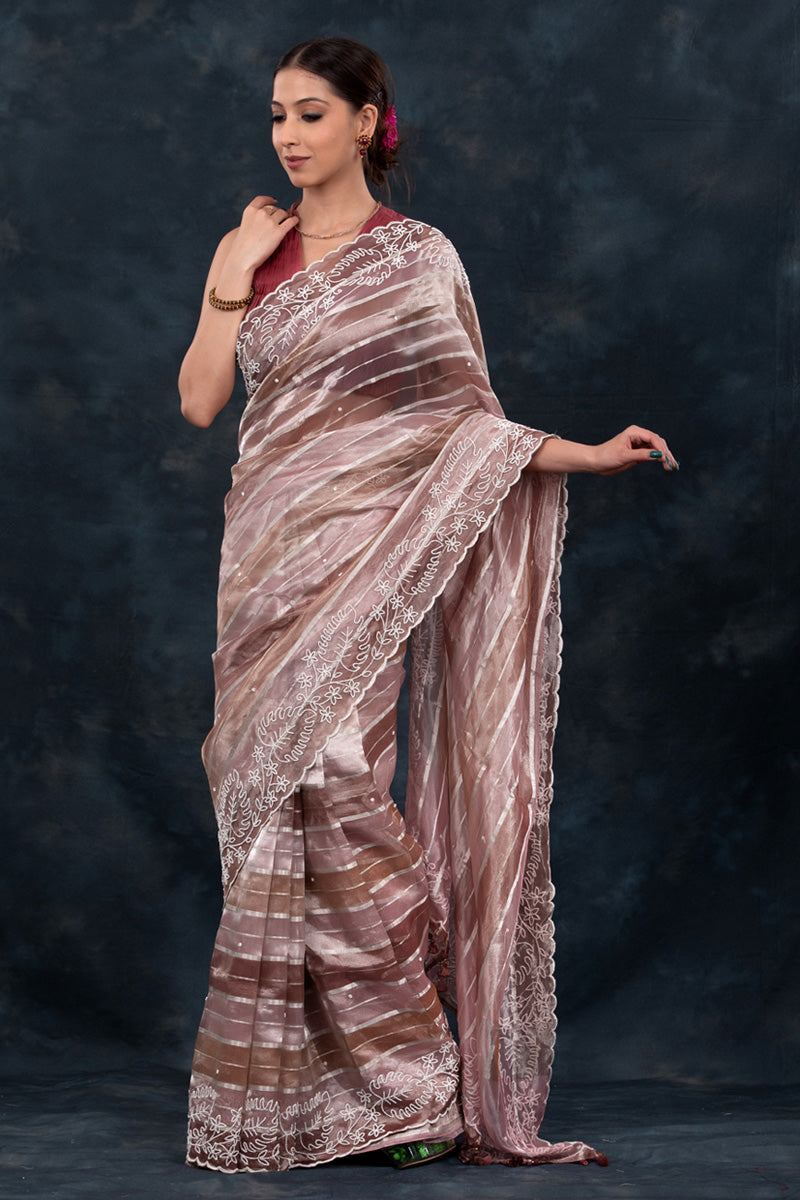 Rose Gold & Brown Rangkat Woven Embellished Tissue Silk Saree - Chinaya Banaras